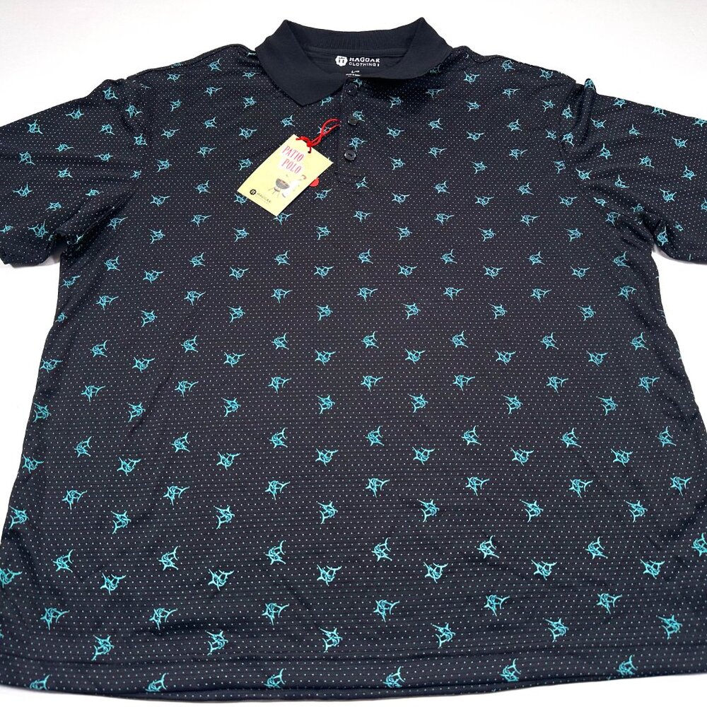 Haggar Patio Polo Shirt Men's L Black Blue BBQ Grill Golf Swordfish NEW NWT - Picture 2 of 4